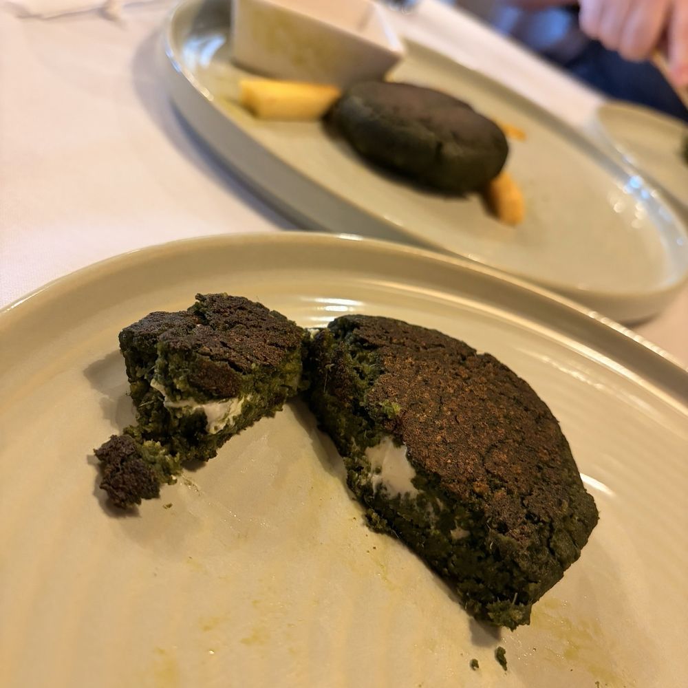 Hariyali Kabab (VEG) Spinach and paneer patties spiced with garam masala and red chili, pan-seared to perfection