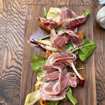 Gjelina - Prosciutto, grilled peaches, pea shoots. I love sweet and savory. - New American Near Me - Venice, California Gjelina - Prosciutto, grilled peaches, pea shoots. I love sweet and savory. - New American Near Me - Venice, California