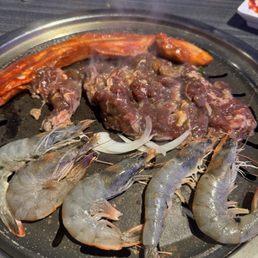 Spicy pork belly, beef bulbolgi, shrimp Spicy pork belly, beef bulbolgi, shrimp