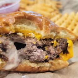 Crooked Pint Ale House - The space betwee the two patties. Not a stuffed burger.