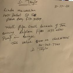 Quality Tree Experts - Receipt from hired plumber