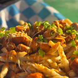 El Santo Doggo - Signature Fries.  Fried perfection French fries,  cheddar cheese,  buffalo chicken  boneless,  signature sauce  and green onions