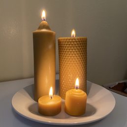 Pictured are both types of pillar candles, as well as the votive and tea-light sizes.