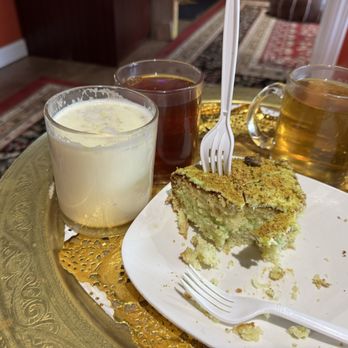 Chai Qahwah Lounge - Kasturi Dudh (Musk Turmeric Delicious Milk With Almonds And Saffron And Pistachio Cake - Cafes Near Me - Selden, New York Chai Qahwah Lounge - Kasturi Dudh (Musk Turmeric Delicious Milk With Almonds And Saffron And Pistachio Cake - Cafes Near Me - Selden, New York