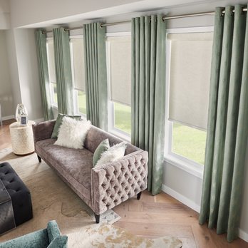 Annterior Design - Roller shades with drapery panels. - Shades & Blinds Near Me Annterior Design - Roller shades with drapery panels. - Shades & Blinds Near Me