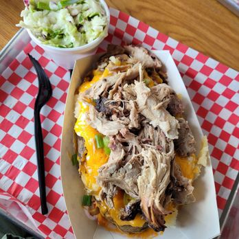 Purple Daisy Picnic Cafe - MASSIVE loaded baked potato with pulled pork, sour cream, chives, bacon, jalapeños, melted cheese - Barbeque Near Me - Chattanooga, Tennessee Purple Daisy Picnic Cafe - MASSIVE loaded baked potato with pulled pork, sour cream, chives, bacon, jalapeños, melted cheese - Barbeque Near Me - Chattanooga, Tennessee