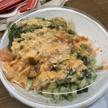 Poké Cleveland - salmon bowl with brown rice cucumber, and fire roasted corn no cilantro - Poke Near Me - Highland Heights, Ohio Poké Cleveland - salmon bowl with brown rice cucumber, and fire roasted corn no cilantro - Poke Near Me - Highland Heights, Ohio
