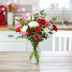 Acorn & Evergreen Floral Studio of Kent - Valentines Day flower arrangement with pink roses, white mums and red carnations