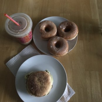 Dunkin' - Caramel iced latte with skim milk, donuts, Beyond Sausage breakfast sandwich (very delicious) - Donuts Near Me - Concord, California