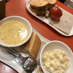 Mac and cheese, broccoli cheddar soup, Mediterranean veggie sandwich