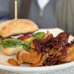 Rose's - Mahi sandwich with root vegetable chips.