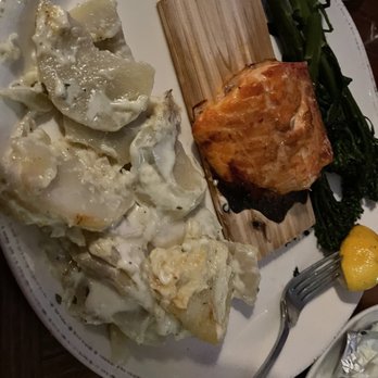 Bluewater Grill - Temecula - Salmon on plank with broccolini and scallop potatoes - Seafood Near Me - Temecula, California