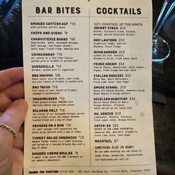 Attic Bar - Back of menu -- creative culinary offerings - Wine Bars Near Me - Little Rock, Arkansas