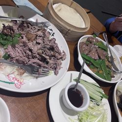 Tai Pan Restaurant - Roast duck with steamed pancakes and scallions, Beef, brisket ho fan noodles (Singapore style thin pan fried version)