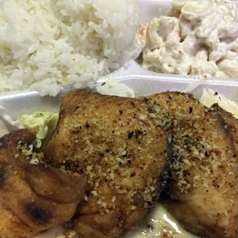 North Shore Grinds - "Herb-Crusted Mahi with Lemon Cream Sauce" was a winner. Tasty and light; served with white rice and mac salad. - Hawaiian Near Me - Honolulu, Hawaii