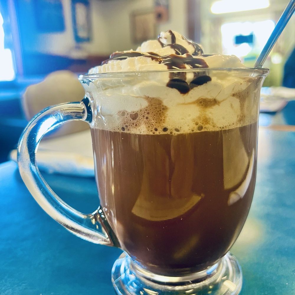 The "Jay Monday". What is it you ask? 1/2 coffee - 1/2 hot chocolate- whip cream & drizzled chocolate The "Jay Monday". What is it you ask? 1/2 coffee - 1/2 hot chocolate- whip cream & drizzled chocolate