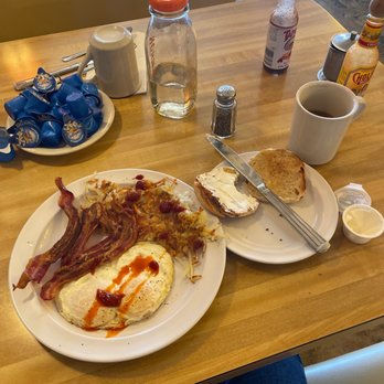 Cactus Patch Restaurant - Bacon and eggs, hash-browns well done and English muffin with cream cheese  It was excellent cooked perfect! - Breakfast & Brunch Near Me - Moorpark, California
