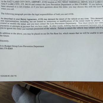 Avis - Letter received from Avis via certified mail. - Car Rental Near Me - Salt Lake City, Utah Avis - Letter received from Avis via certified mail. - Car Rental Near Me - Salt Lake City, Utah
