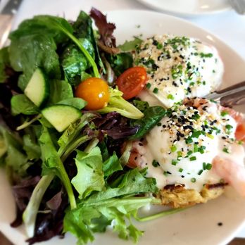 Psomi - Salmon Benedict with fresh salad. Such good dressing - Bakeries Near Me - Tampa, Florida