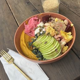 Root veggie bowl with pickled red onions added on. Root veggie bowl with pickled red onions added on.