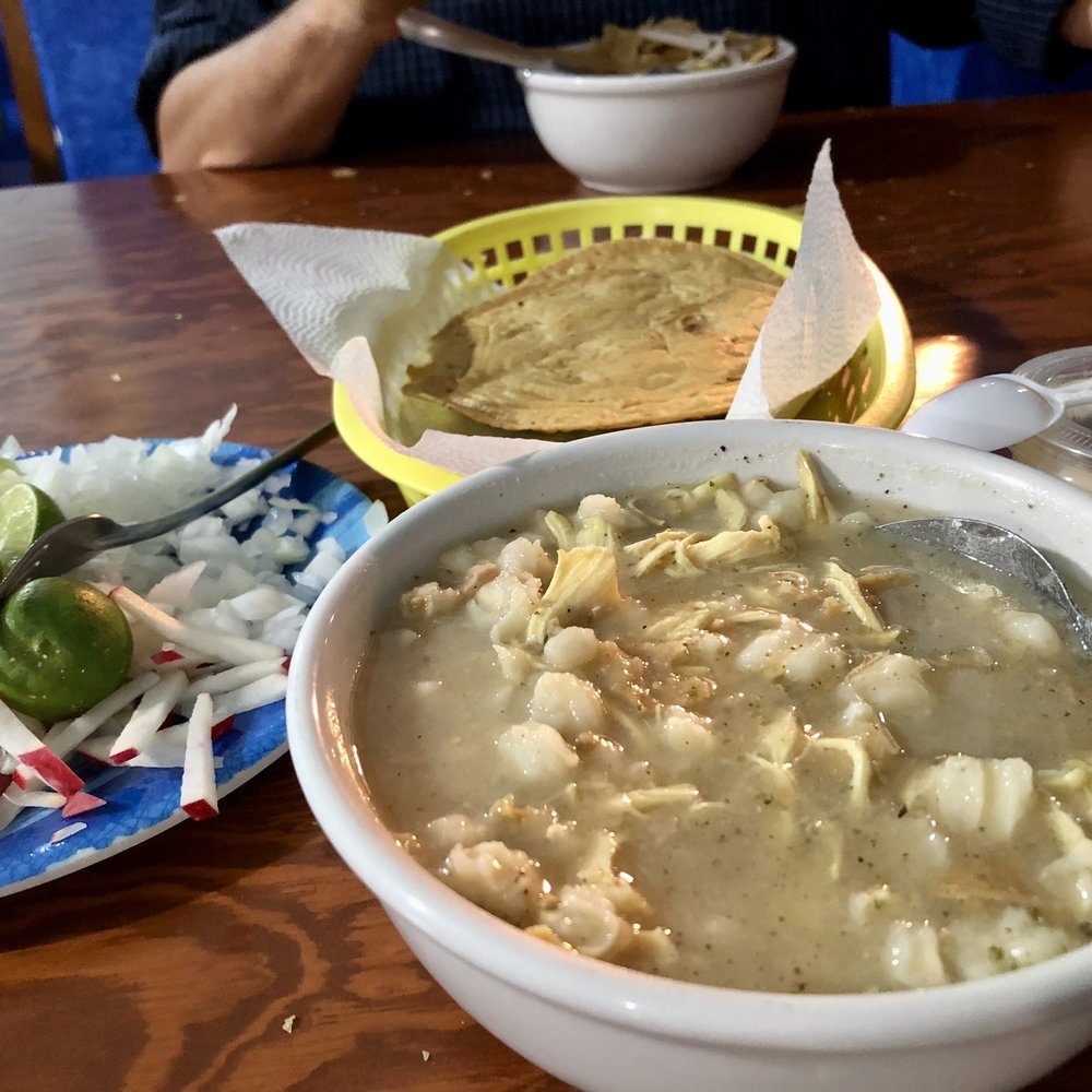 Pozolería Matamoros - White pozole and garnishes. (It looked nicer but I forgot to take the picture at first.) - Mexican Near Me - Puebla, PUE