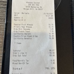 Mimosas Gourmet - Receipt- note the "didn't like it" with the -$18.99 (None of us EVER order country fried steak)