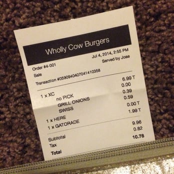 Wholly Cow - Receipt - extra for my cheese and grilled onions! - Burgers Near Me - Austin, Texas Wholly Cow - Receipt - extra for my cheese and grilled onions! - Burgers Near Me - Austin, Texas
