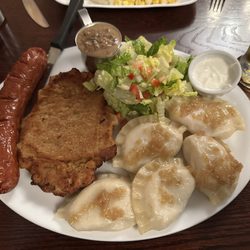 Polish Bistro - Schnitzel tenderloin and polish sausage with 5 potato and dill pierogies with house salad