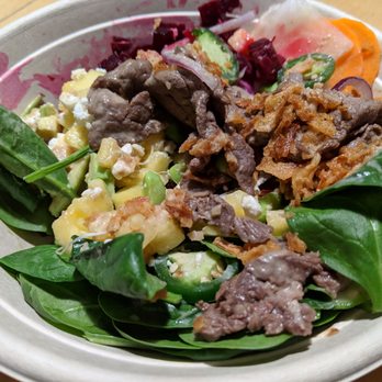 ImPerfect Fresh Eats - Large bowl w forbidden rice, kalbi beef, fried onion, spinach, feta, pinapple, advocado, beets, pickled carrot, jalapenos. - Salad Near Me - Toronto, Ontario