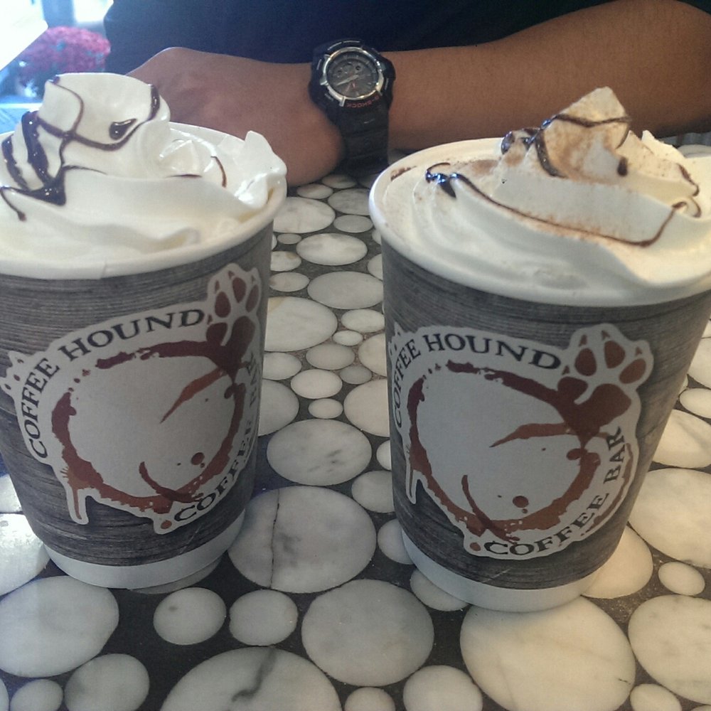 Coffee Hound - Hot chocolate on the left and monkey's uncle mocha. - Coffee & Tea Near Me - Bar Harbor, Maine Coffee Hound - Hot chocolate on the left and monkey's uncle mocha. - Coffee & Tea Near Me - Bar Harbor, Maine