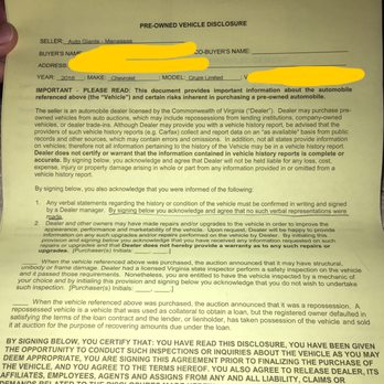 Auto Giants - This actually states that they can lie to you, unless it's in writing AND and signed by a dealer manager. Then they can just scam you. - Car Dealers Near Me - Manassas, Virginia Auto Giants - This actually states that they can lie to you, unless it's in writing AND and signed by a dealer manager. Then they can just scam you. - Car Dealers Near Me - Manassas, Virginia