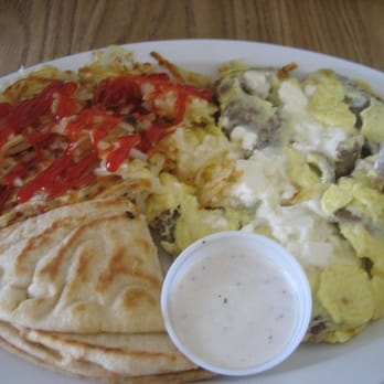 Olympic Cafe - Three egg scramble with feta and gyro, hash browns and pita bread - Mediterranean Near Me - San Diego, California