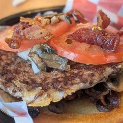 Pecan St. Station Deli & Grill - Saddest burger I've ever seen. Look how thin it is and no, it's not a smash burger.