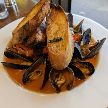 Southie - Steamed P.E.I. Mussels. $18. Chorizo, Fresno chile, leeks, fennel, basil, shellfish broth, toasties. - Sandwiches Near Me - Oakland, California Southie - Steamed P.E.I. Mussels. $18. Chorizo, Fresno chile, leeks, fennel, basil, shellfish broth, toasties. - Sandwiches Near Me - Oakland, California