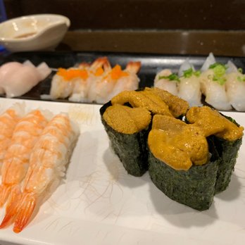 Sushi Asahi - Uni (sea urchin), Ebi (cooked shrimp), Amaebi (sweet shrimp), Hamachi (yellowtail), Ohyo (halibut) - Sushi Bars Near Me - Riverside, California