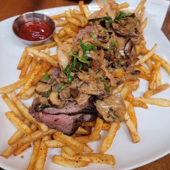 B House - Steak frites with mushroom and shrimp sauce concoction and mountain of fries - Asian Fusion Near Me - Vancouver, British Columbia
