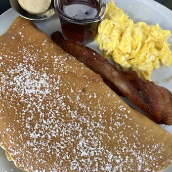 Brekkies - Pancake combo -- buttermilk pancakes, bacon, and scrambled eggs - Breakfast & Brunch Near Me - Solvang, California