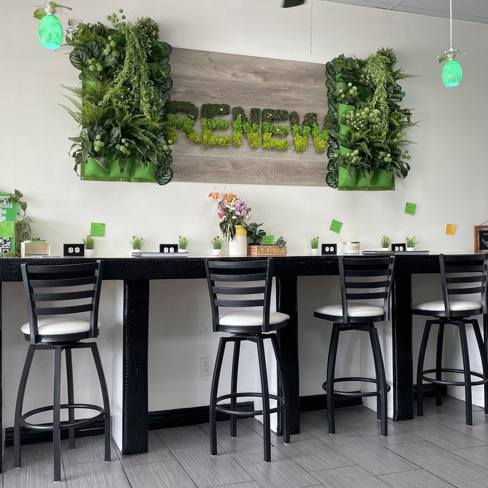 a bar with stools