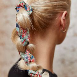 Taylor Taylor London at Liberty London - Blonde plait but make it summer with a Liberty print Scarf woven through the plait