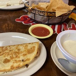 Los Parrillero's - Shrimp quesadilla, cheese dip, salsa, chips, beef and cheese burrito.