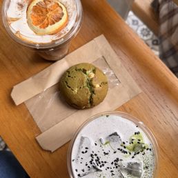Orange Latte (iced), Strawberry matcha white chocolate chip cookie & Matcha Black Sesame
