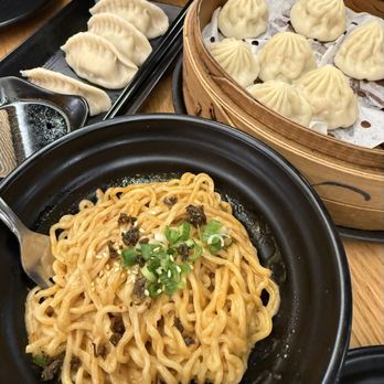 Dough Zone Dumpling House - Beaverton - Chicken Xiao Long Bao (8) 鸡肉小笼包, Pork & Shrimp Boiled Dumplings (6)  猪肉三鲜水饺 and Dan Dan Noodles   担担面 - Dim Sum Near Me - Beaverton, Oregon