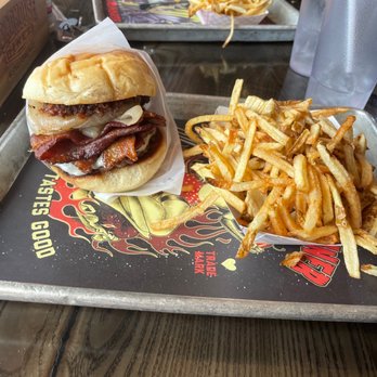Roadhouse Diner - The Death by Bacon Burger and fries. - American Near Me - Great Falls, Montana Roadhouse Diner - The Death by Bacon Burger and fries. - American Near Me - Great Falls, Montana