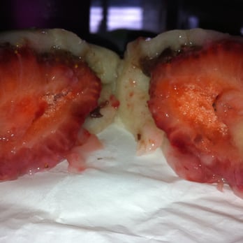 Two Ladies Kitchen - The inside of the Mochi with whole strawberry and red bean - Bakeries Near Me - Hilo, Hawaii