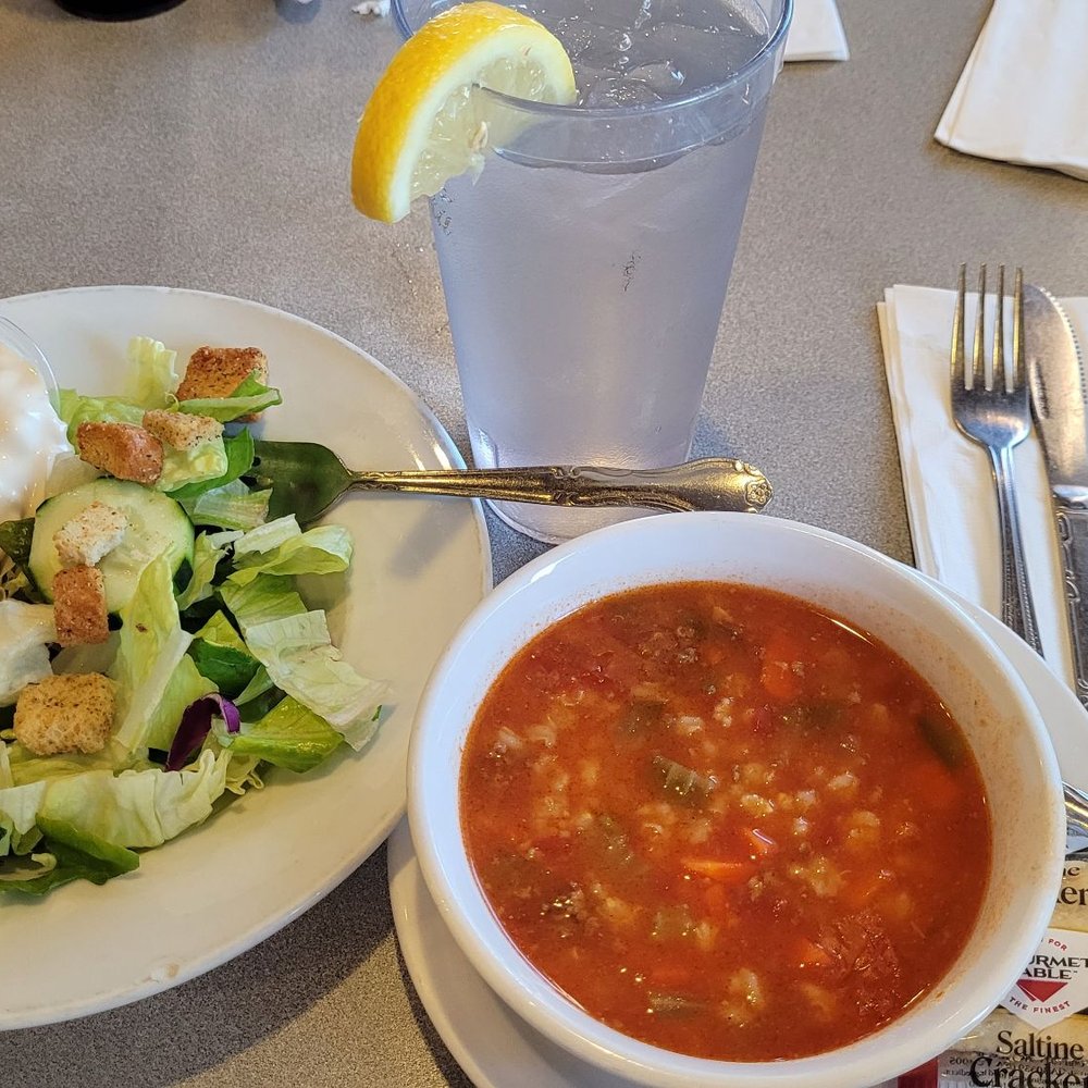 Goldenwest Diner - Beef and Barley soup and a salad. - Diners Near Me - Westminster, California
