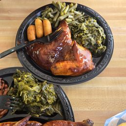 Smoked half Chicken w/greenbeans,collards,hushpuppies)
