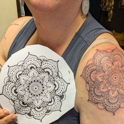 Wildfire Tattoo Studio - 1st session mandala tattoo. You can also see my icelandic rune on my right arm that Mitzi also did.