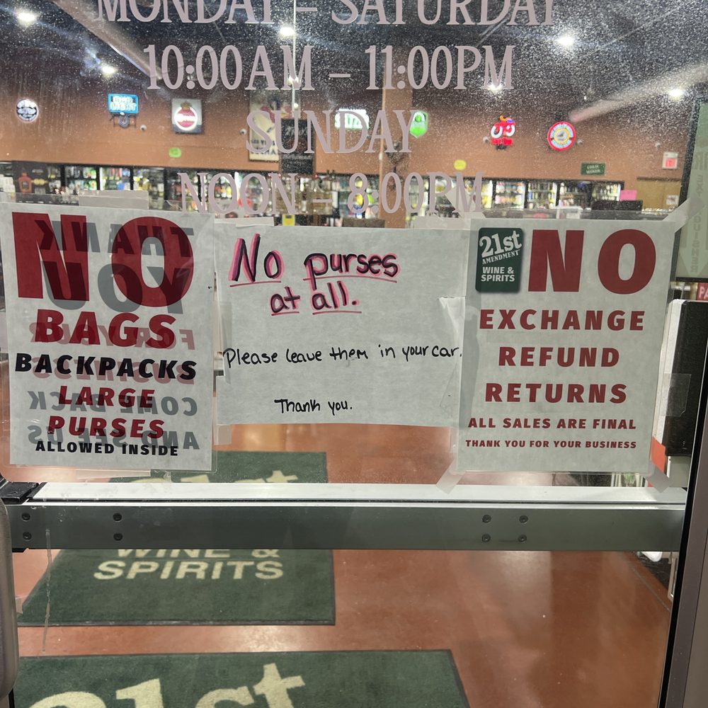 21st Amendment Liquors - Store hours and sign saying no purses allowed - Beer, Wine & Spirits Near Me - Noblesville, Indiana 21st Amendment Liquors - Store hours and sign saying no purses allowed - Beer, Wine & Spirits Near Me - Noblesville, Indiana