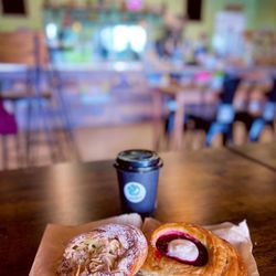 Pressed + Flower - Almond Croissant, Raspberry cheese Danish, & seasonal Pandan De Coco Latte to go - all of it delicious!
