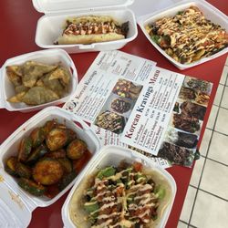 Korean Kravings - Kimchi fries Korean hotdog Cucumber kimchi Yakimandeu Korean taco